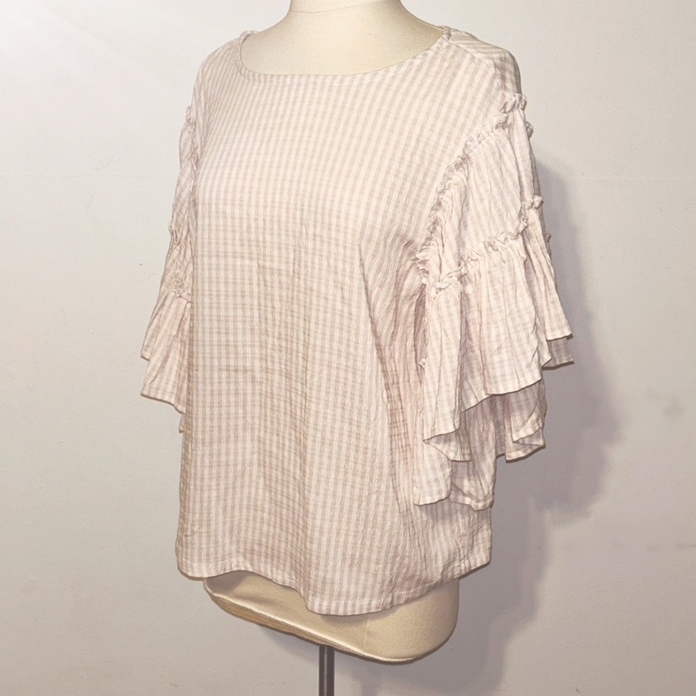 NEW Neutral Ruffle Sleeve Gingham Top by Chelsea & Theodore